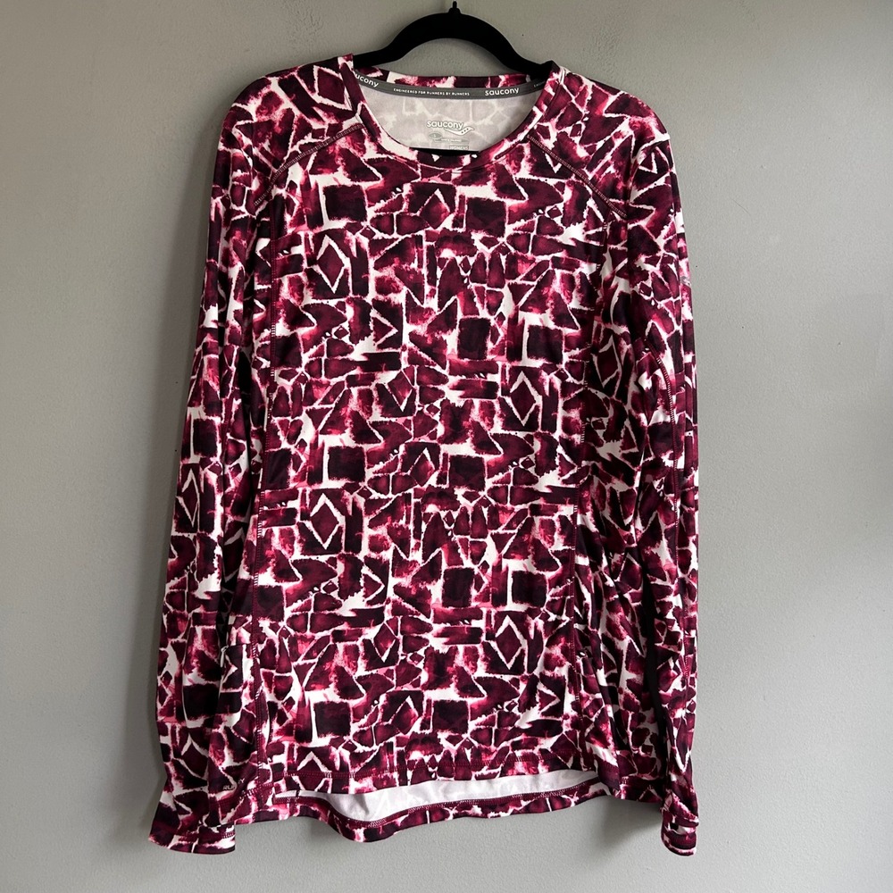 Saucony Womens Large Long Sleeve Running Shirt Burgundy Abstract Reflective Zip
